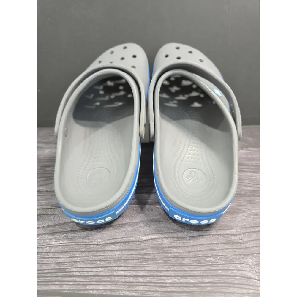 Crocs Crocband Clogs Charcoal Grey Ocean Blue Stripe Men's Size 12 EUC Comfort